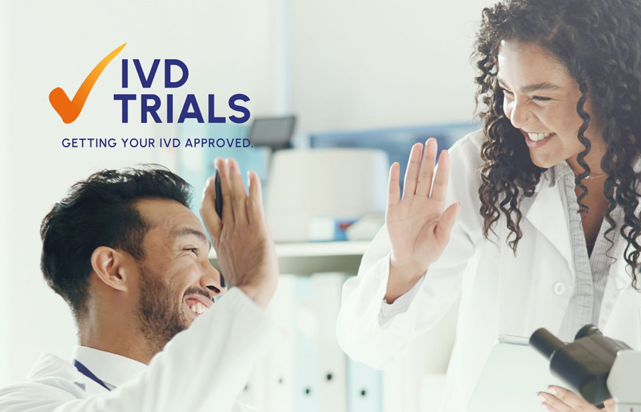 Medical professionals celebrating a successful collaboration in a clinical setting, emphasizing IVD trial approvals and advancements in health science.
